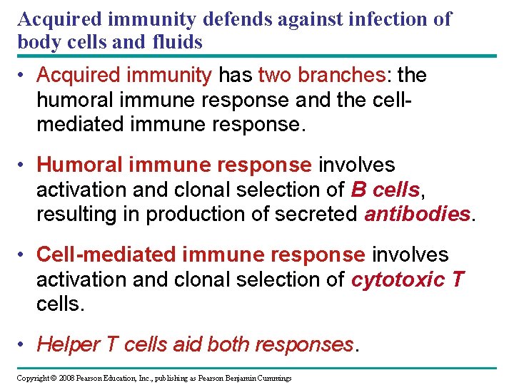 Acquired immunity defends against infection of body cells and fluids • Acquired immunity has