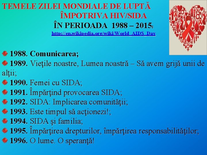 TEMELE ZILEI MONDIALE DE LUPTĂ ÎMPOTRIVA HIV/SIDA ÎN PERIOADA 1988 – 2015: http: //en.