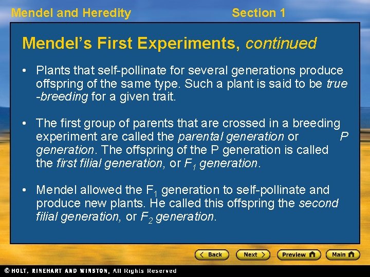 Mendel and Heredity Section 1 Mendel’s First Experiments, continued • Plants that self-pollinate for