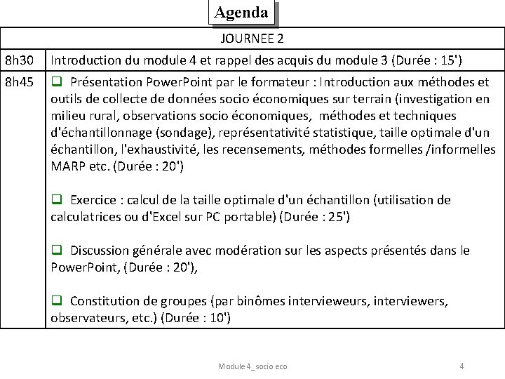 Agenda JOURNEE 2 8 h 30 Introduction du module 4 et rappel des acquis