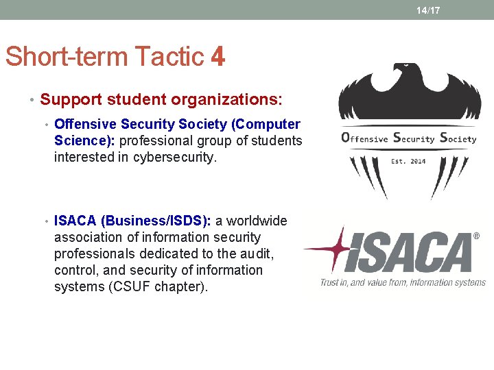14/17 Short-term Tactic 4 • Support student organizations: • Offensive Security Society (Computer Science):