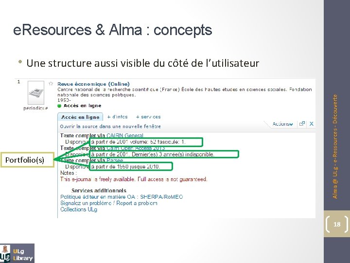 e. Resources & Alma : concepts Portfolio(s) Alma @ ULg - e-Ressources - Découverte