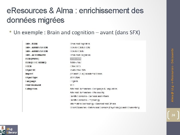 e. Resources & Alma : enrichissement des données migrées Alma @ ULg - e-Ressources