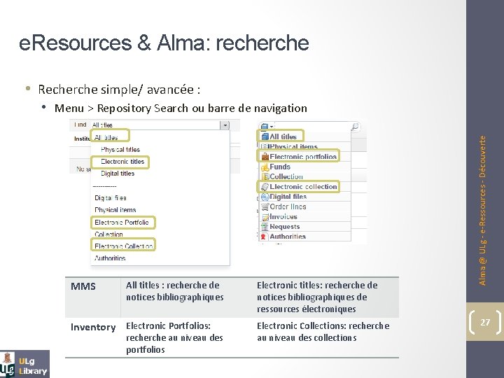 e. Resources & Alma: recherche • Recherche simple/ avancée : MMS All titles :