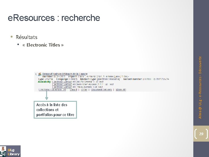 e. Resources : recherche • Résultats Accès à la liste des collections et portfolios