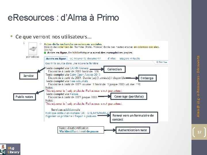 e. Resources : d’Alma à Primo Collection Service Public notes Embargo Coverage (portfolio) Renvoi