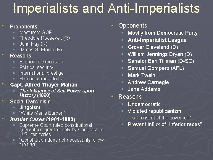 Imperialists and Anti-Imperialists } Proponents § § } Economic expansion Political security International prestige