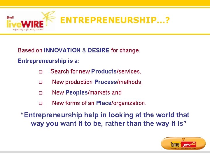 ENTREPRENEURSHIP. . . ? Based on INNOVATION & DESIRE for change. Entrepreneurship is a: