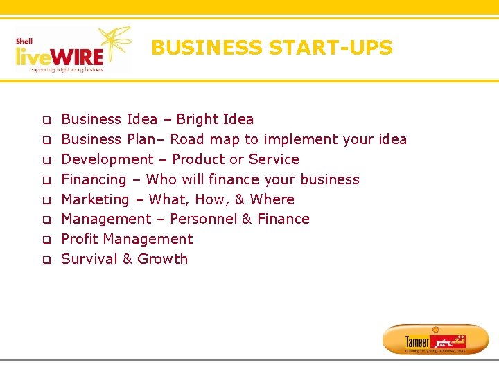 BUSINESS START-UPS q q q q Business Idea – Bright Idea Business Plan– Road