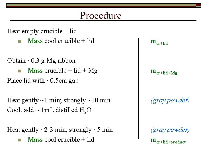 Procedure Heat empty crucible + lid n Mass cool crucible + lid Obtain ~0.