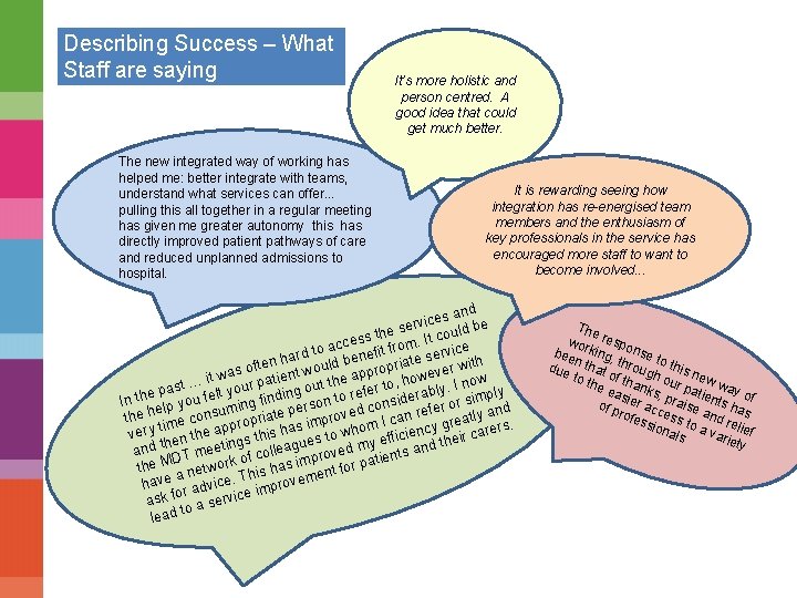 Describing Success – What Staff are saying The new integrated way of working has