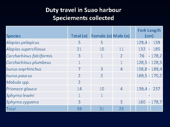 Duty travel in Suao harbour Speciements collected Species Alopias pelagicus Alopias superciliosus Carcharhinus falciformis Duty travel in Suao harbour Speciements collected Species Alopias pelagicus Alopias superciliosus Carcharhinus falciformis