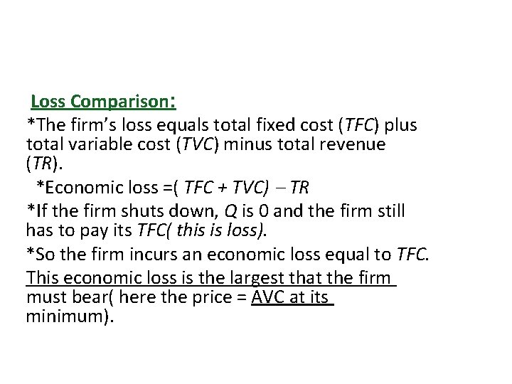 Loss Comparison: *The firm’s loss equals total fixed cost (TFC) plus total variable cost