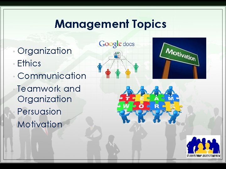 Management Topics Organization • Ethics • Communication • Teamwork and Organization • Persuasion •