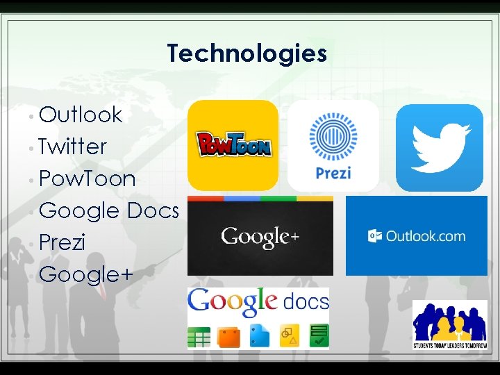 Technologies • Outlook • Twitter • Pow. Toon • Google Docs • Prezi •
