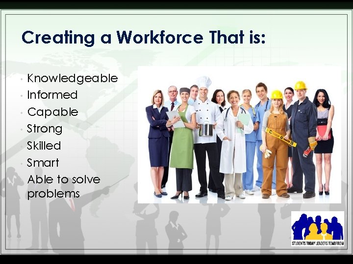 Creating a Workforce That is: • • Knowledgeable Informed Capable Strong Skilled Smart Able