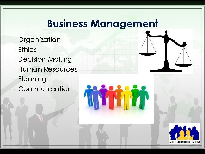 Business Management • • • Organization Ethics Decision Making Human Resources Planning Communication 