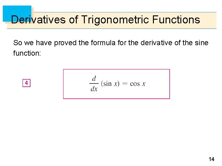 Derivatives of Trigonometric Functions So we have proved the formula for the derivative of