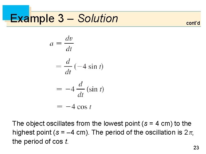Example 3 – Solution cont’d The object oscillates from the lowest point (s =