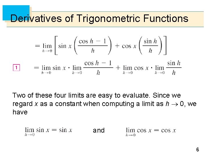 Derivatives of Trigonometric Functions Two of these four limits are easy to evaluate. Since