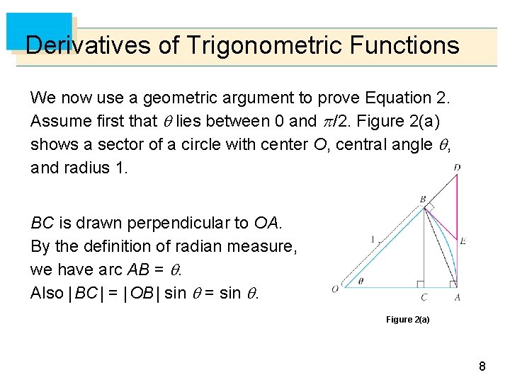 Derivatives of Trigonometric Functions We now use a geometric argument to prove Equation 2.