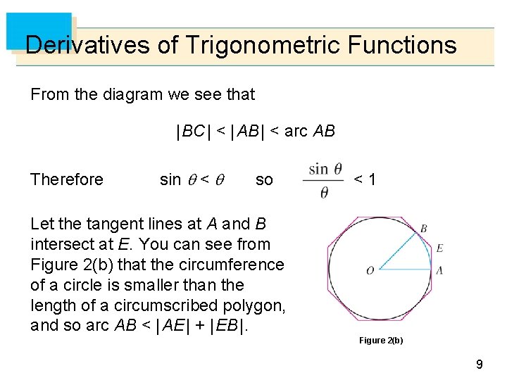 Derivatives of Trigonometric Functions From the diagram we see that | BC | <