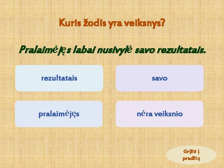 Kuris žodis yra veiksnys? Pralaimėjęs labai nusivylė savo rezultatais savo pralaimėjęs nėra veiksnio Grįžti