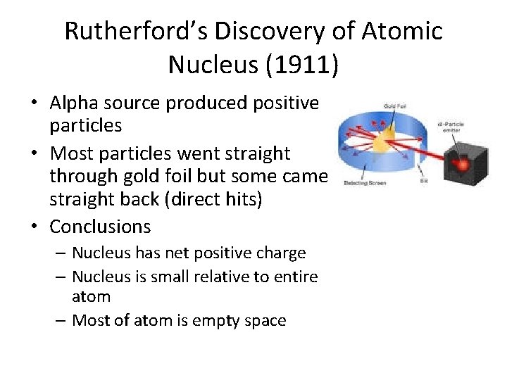 Rutherford’s Discovery of Atomic Nucleus (1911) • Alpha source produced positive particles • Most