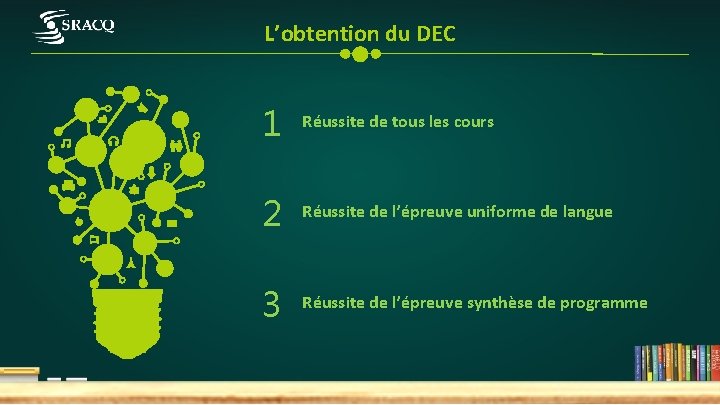 L’obtention du DEC 1 Réussite de tous les cours 2 Réussite de l’épreuve uniforme