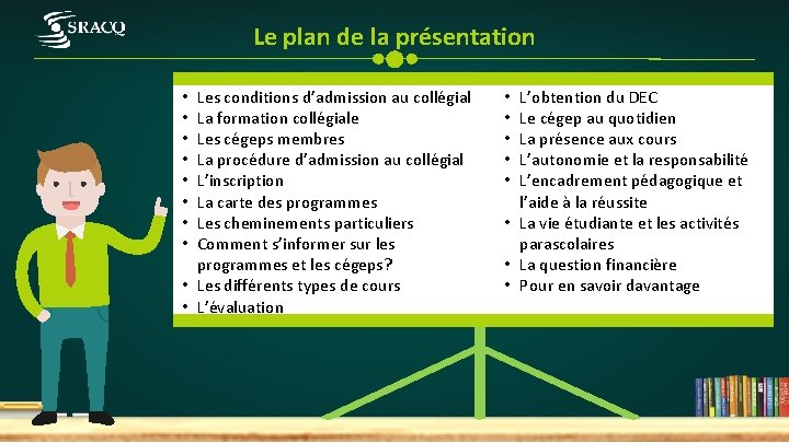 Le plan de la présentation Les conditions d’admission au collégial La formation collégiale Les