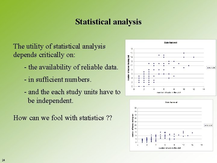 Statistical analysis The utility of statistical analysis depends critically on: - the availability of