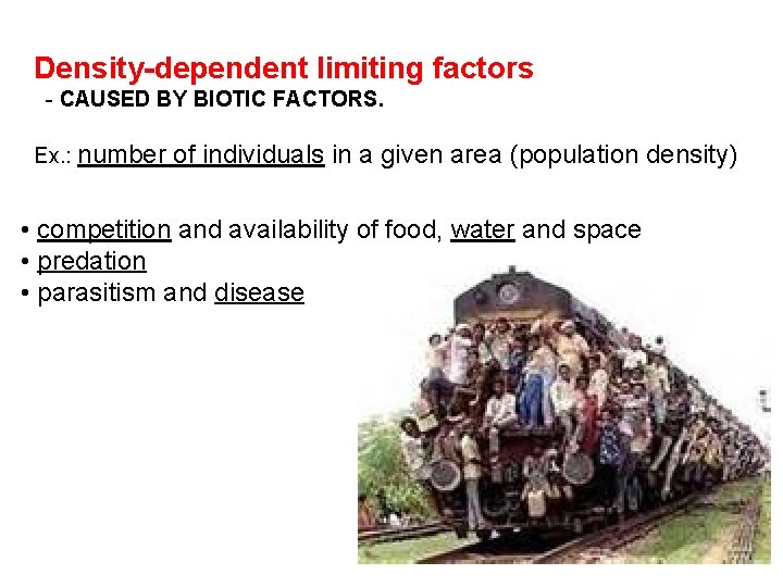 Density-dependent limiting factors - CAUSED BY BIOTIC FACTORS. Ex. : number of individuals in Density-dependent limiting factors - CAUSED BY BIOTIC FACTORS. Ex. : number of individuals in