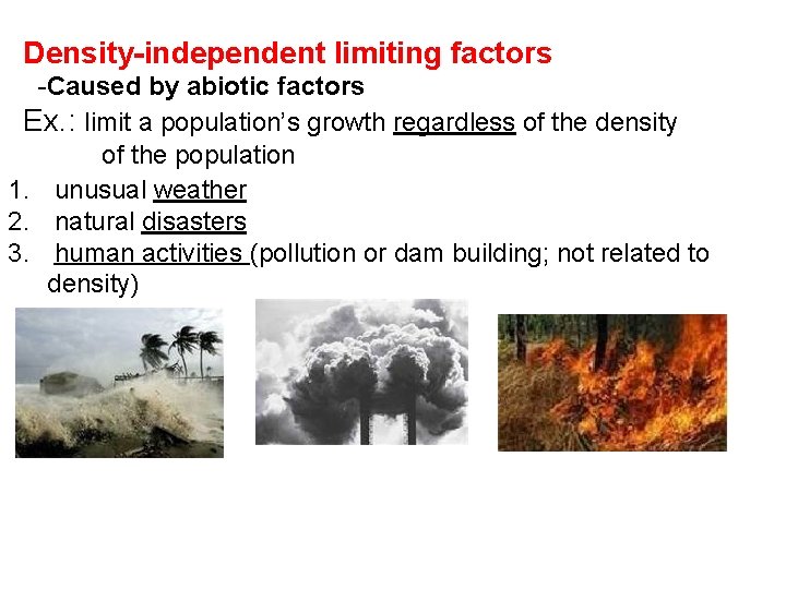 Density-independent limiting factors -Caused by abiotic factors Ex. : limit a population’s growth regardless Density-independent limiting factors -Caused by abiotic factors Ex. : limit a population’s growth regardless