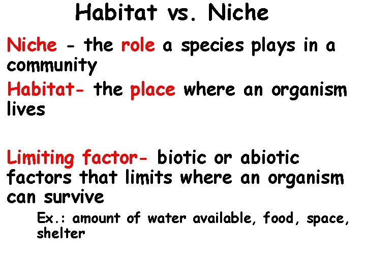 Habitat vs. Niche - the role a species plays in a community Habitat- the Habitat vs. Niche - the role a species plays in a community Habitat- the