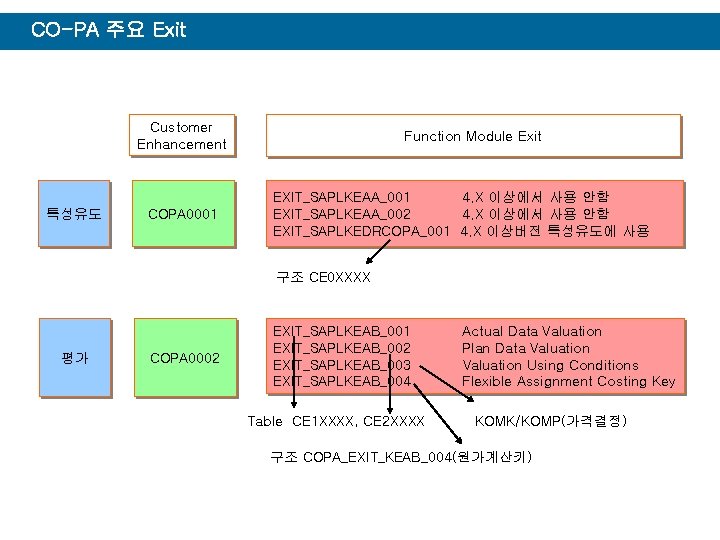 CO-PA 주요 Exit Customer Enhancement 특성유도 COPA 0001 Function Module Exit EXIT_SAPLKEAA_001 4. X