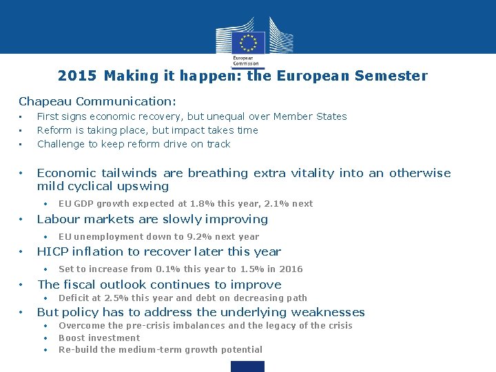 2015 Making it happen: the European Semester Chapeau Communication: • • • First signs
