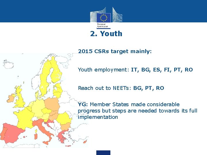 2. Youth 2015 CSRs target mainly: Youth employment: IT, BG, ES, FI, PT, RO
