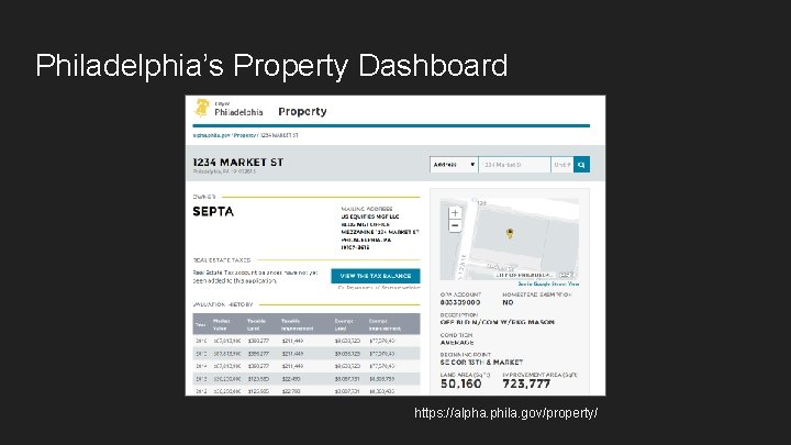Philadelphia’s Property Dashboard https: //alpha. phila. gov/property/ 