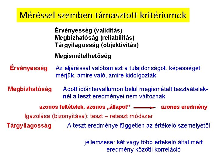 Méréssel szemben támasztott kritériumok Érvényesség (validitás) Megbízhatóság (reliabilitás) Tárgyilagosság (objektivitás) Megismételhetőség Érvényesség Megbízhatóság Az