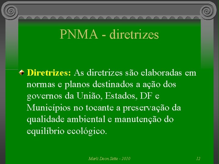 PNMA - diretrizes Diretrizes: As diretrizes são elaboradas em normas e planos destinados a