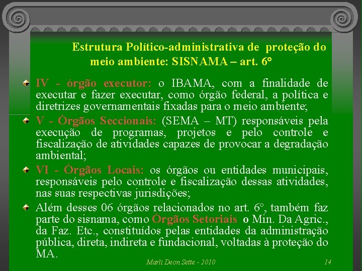 Estrutura Político-administrativa de proteção do meio ambiente: SISNAMA – art. 6° IV - órgão
