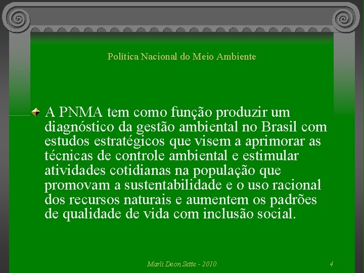 Política Nacional do Meio Ambiente A PNMA tem como função produzir um diagnóstico da