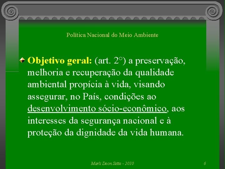 Política Nacional do Meio Ambiente Objetivo geral: (art. 2°) a preservação, melhoria e recuperação