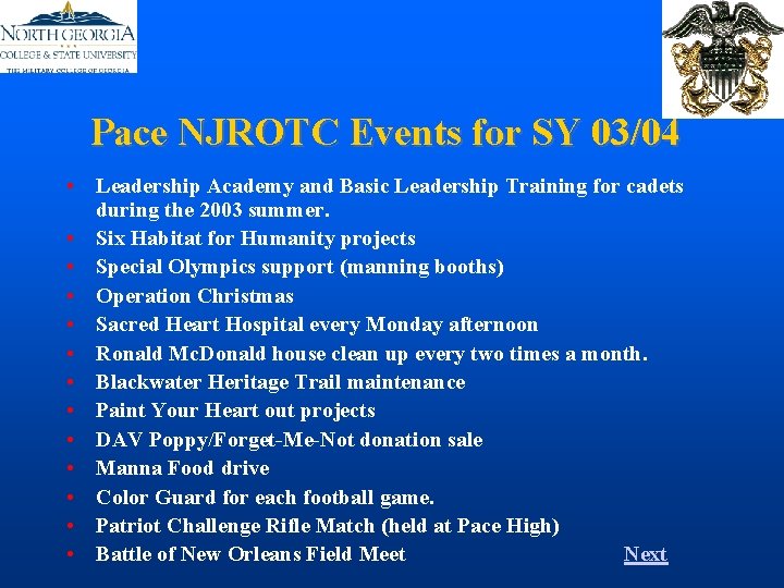 Pace NJROTC Events for SY 03/04 • Leadership Academy and Basic Leadership Training for Pace NJROTC Events for SY 03/04 • Leadership Academy and Basic Leadership Training for