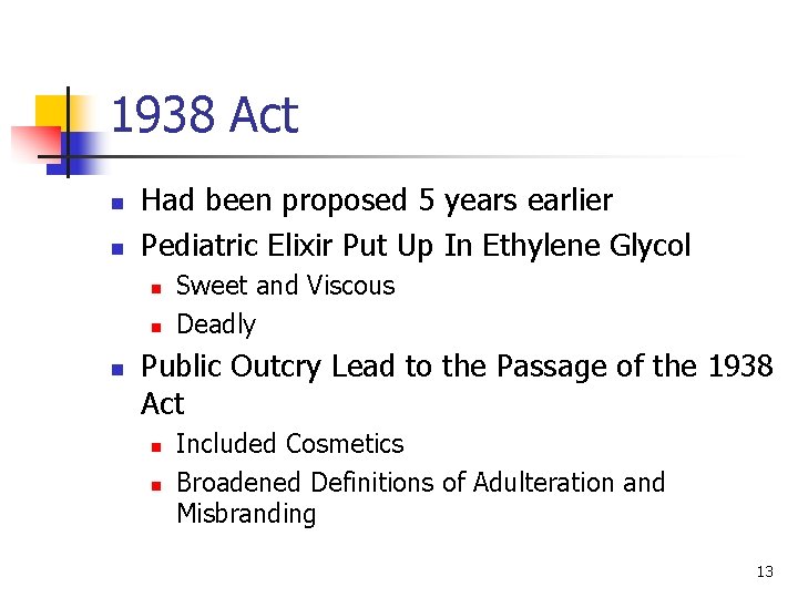 1938 Act n n Had been proposed 5 years earlier Pediatric Elixir Put Up