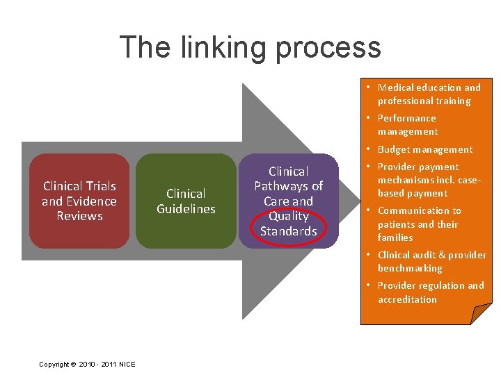 The linking process • Medical education and professional training • Performance management • Budget