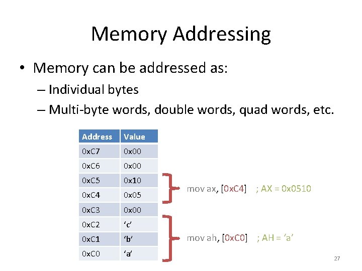 Memory Addressing • Memory can be addressed as: – Individual bytes – Multi-byte words,