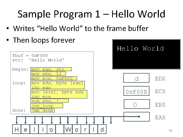 Sample Program 1 – Hello World • Writes “Hello World” to the frame buffer