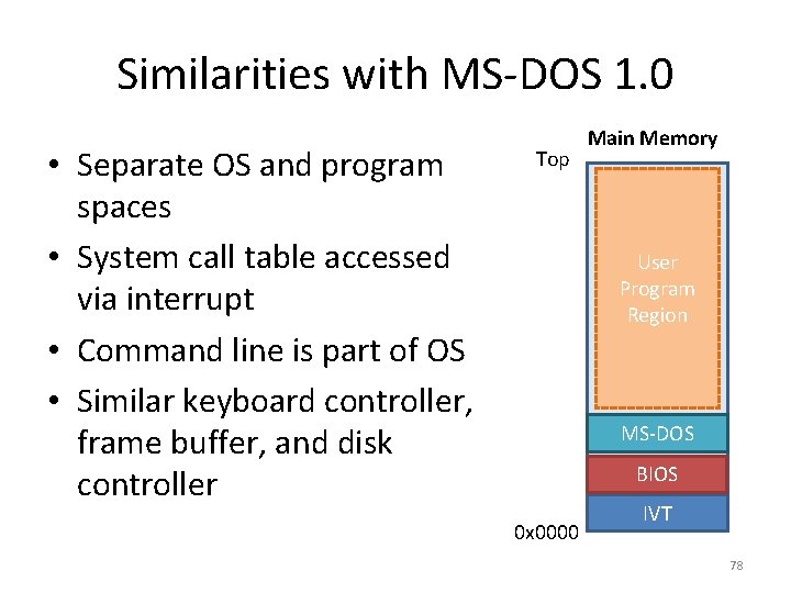Similarities with MS-DOS 1. 0 • Separate OS and program spaces • System call