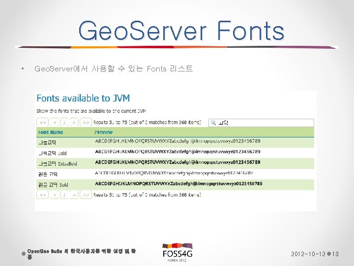 Geo. Server Fonts • Geo. Server에서 사용할 수 있는 Fonts 리스트 Open. Geo Suite